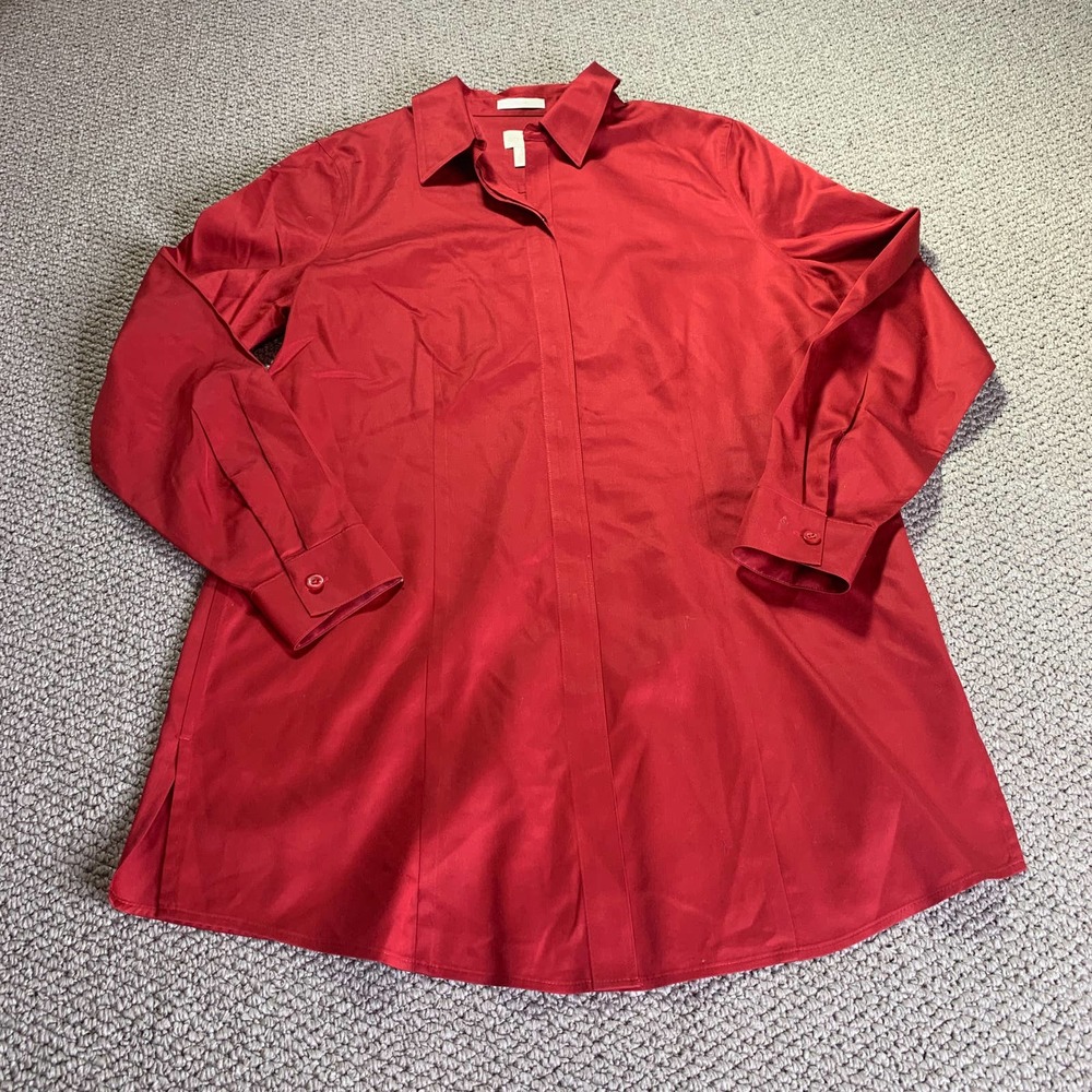 Chico's Womens Shirt Size 0 US Small‎ Red Silky No-Iron Long Sleeves Button Up